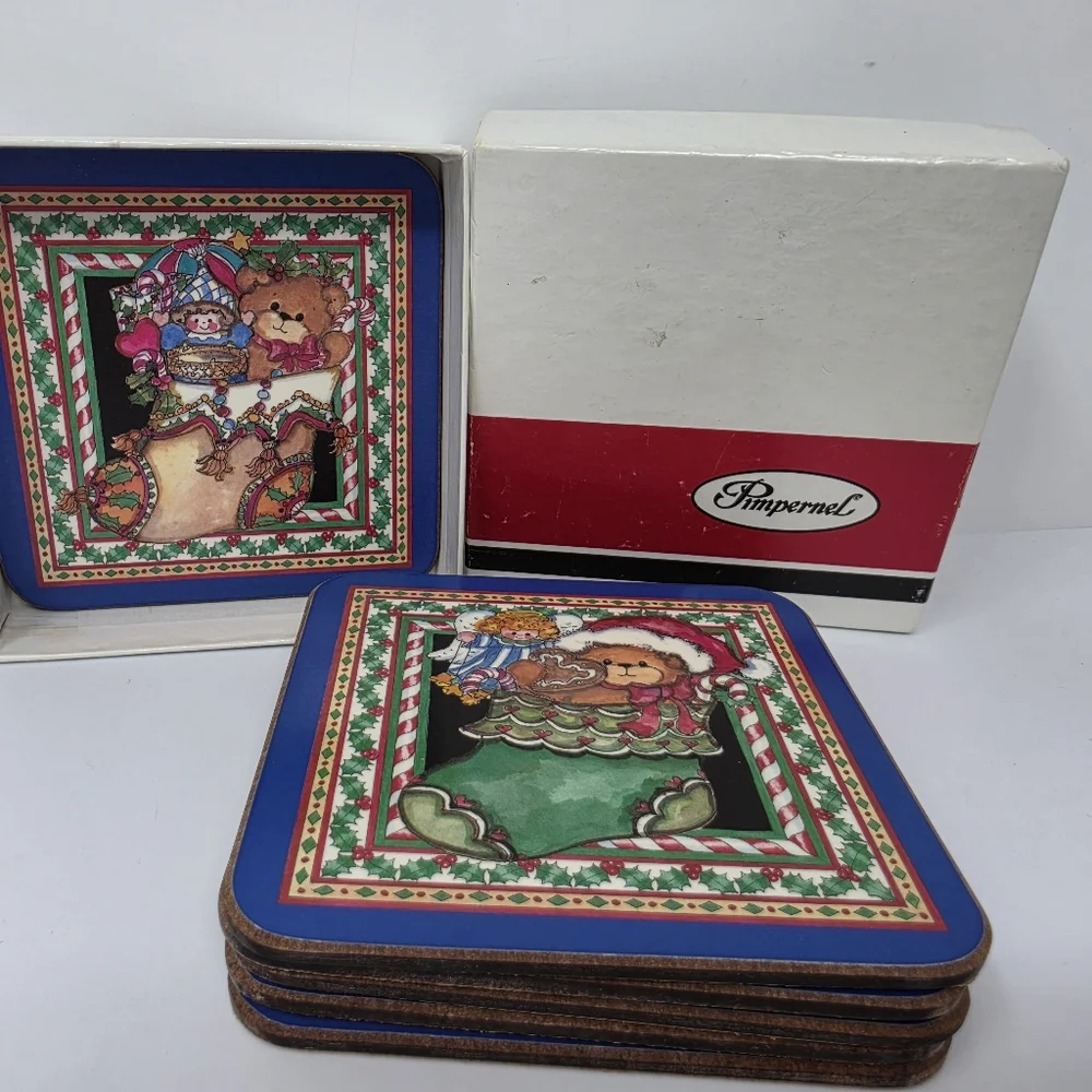 Pimpernel Coasters Bears Cjrostmas SET OF 6 vintage Cork Back